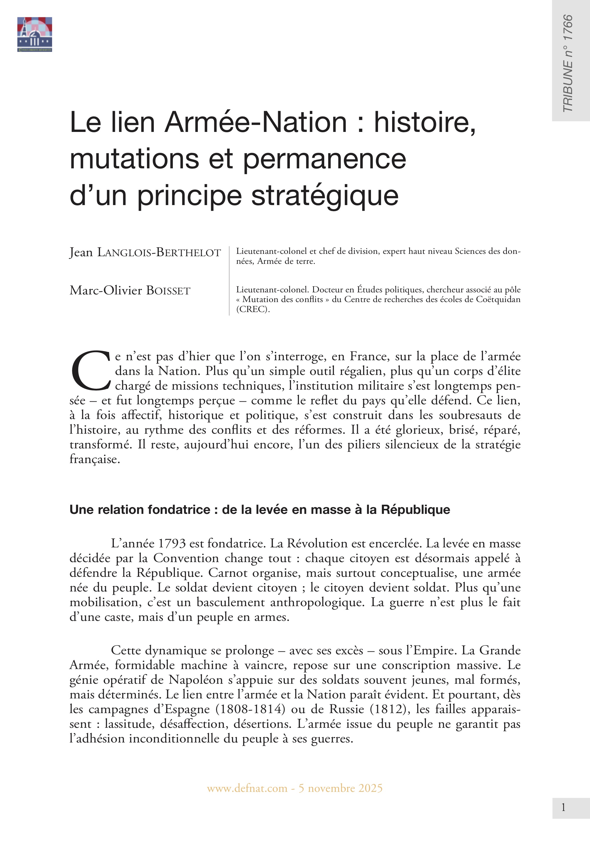 Le lien Armée-Nation : histoire, mutations et permanence d’un principe stratégique (T 1766)
